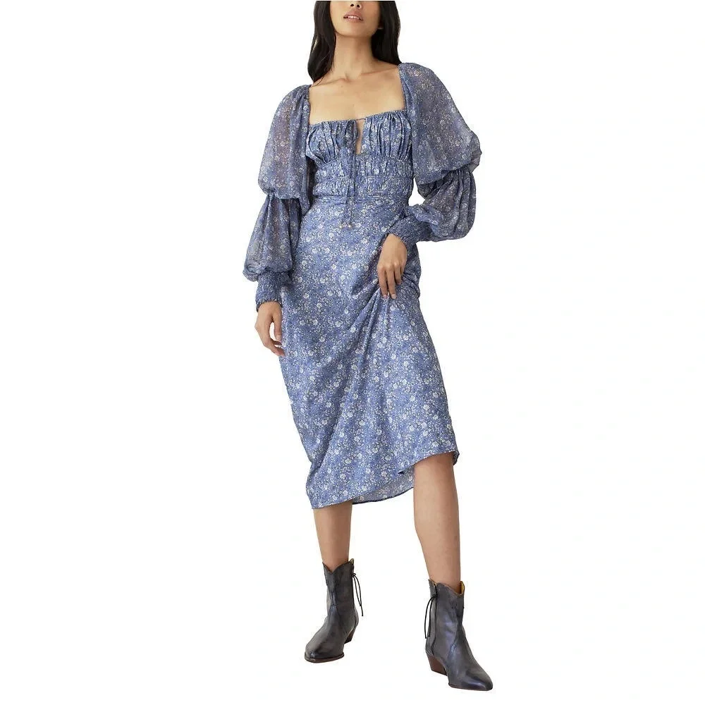 Free People Blue Floral Long Sleeve Midi Dress